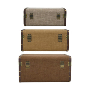 English Elm Set of 3 Nesting Fabric Trunks with Brass Hardware Vintage Antique Storage Chests W2078P531259