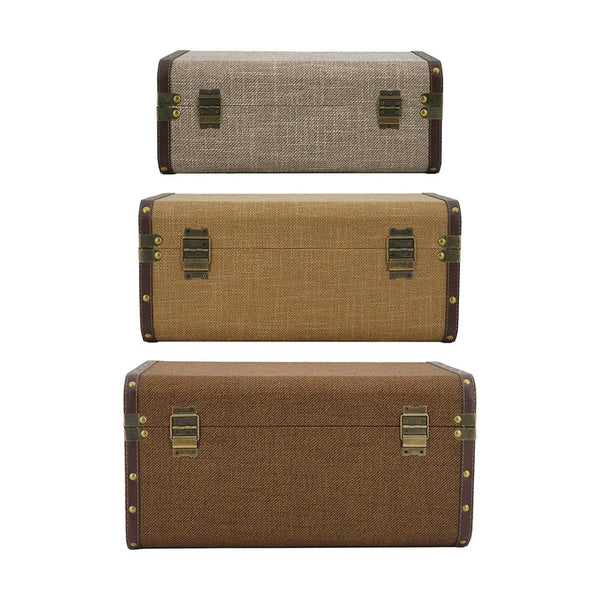 English Elm Set of 3 Nesting Fabric Trunks with Brass Hardware Vintage Antique Storage Chests W2078P531259