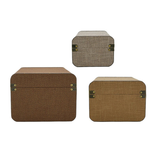 English Elm Set of 3 Nesting Fabric Trunks with Brass Hardware Vintage Antique Storage Chests W2078P531259