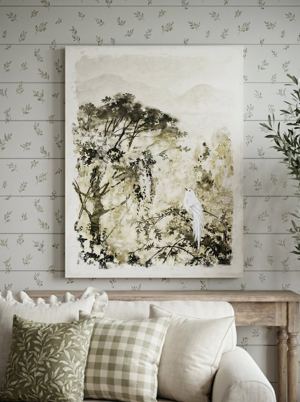 English Elm 47.2x59.1" Large Canvas Print Ink Style White Bird Botanical Art for Living Room Walls W2078P531909