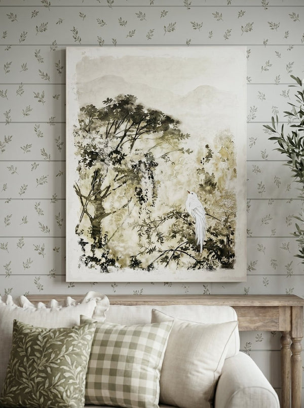 English Elm 47.2x59.1" Large Canvas Print Ink Style White Bird Botanical Art for Living Room Walls W2078P531909