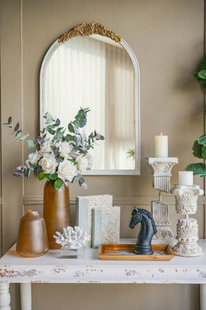 English Elm 23.8X35.9 Arched Wall Mirror Ornate Gold Crest Antique White Frame French Country Decor W2078P532049
