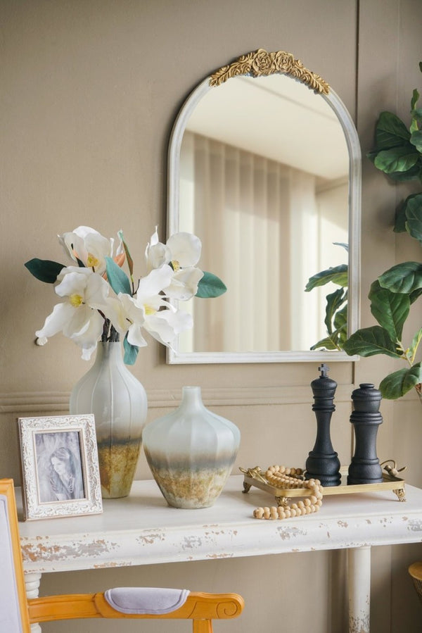 English Elm 23.8X35.9 Arched Wall Mirror Ornate Gold Crest Antique White Frame French Country Decor W2078P532049