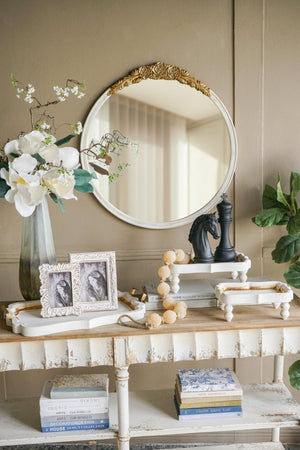 English Elm 29.9X31.3 Round Wall Mirror Ornate Gold Crest Distressed White Frame French Country W2078P532050