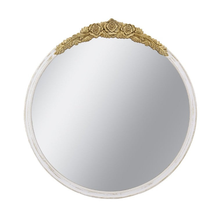 English Elm 29.9X31.3 Round Wall Mirror Ornate Gold Crest Distressed White Frame French Country W2078P532050