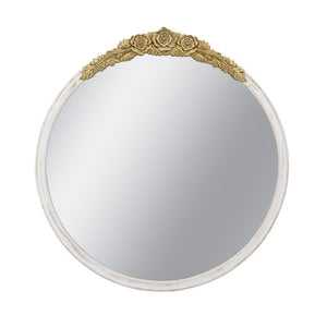 English Elm 29.9X31.3 Round Wall Mirror Ornate Gold Crest Distressed White Frame French Country W2078P532050