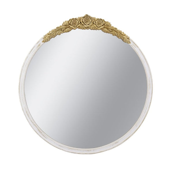 English Elm 29.9X31.3 Round Wall Mirror Ornate Gold Crest Distressed White Frame French Country W2078P532050