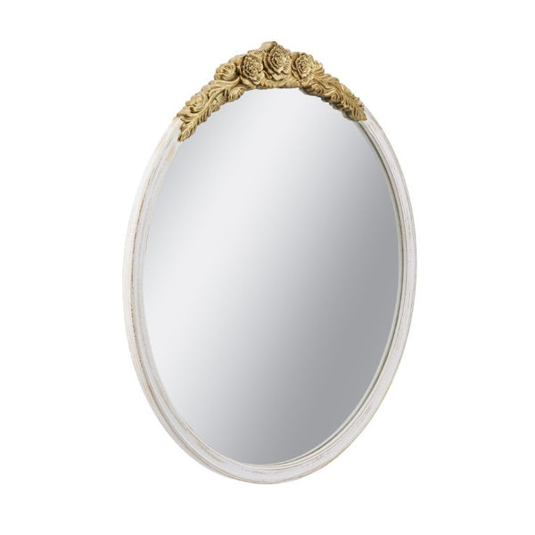 English Elm 29.9X31.3 Round Wall Mirror Ornate Gold Crest Distressed White Frame French Country W2078P532050