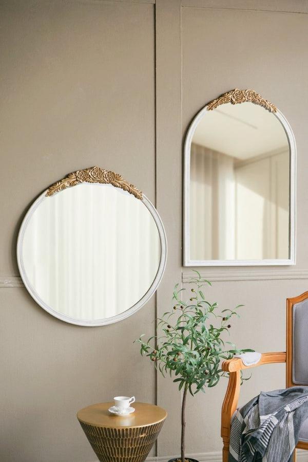 English Elm 29.9X31.3 Round Wall Mirror Ornate Gold Crest Distressed White Frame French Country W2078P532050