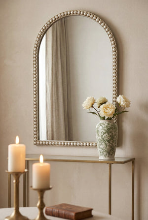 English Elm 24x35.8" Arched Pearl Beaded Wall Mirror Champagne Gold Frame Bedroom Entryway Accent W2078P532052