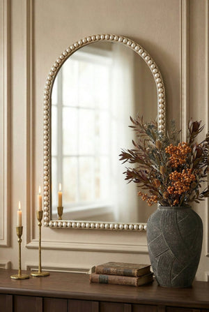 English Elm 24x35.8" Arched Pearl Beaded Wall Mirror Champagne Gold Frame Bedroom Entryway Accent W2078P532052