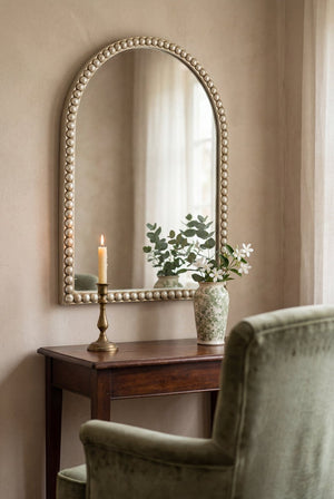 English Elm 24x35.8" Arched Pearl Beaded Wall Mirror Champagne Gold Frame Bedroom Entryway Accent W2078P532052