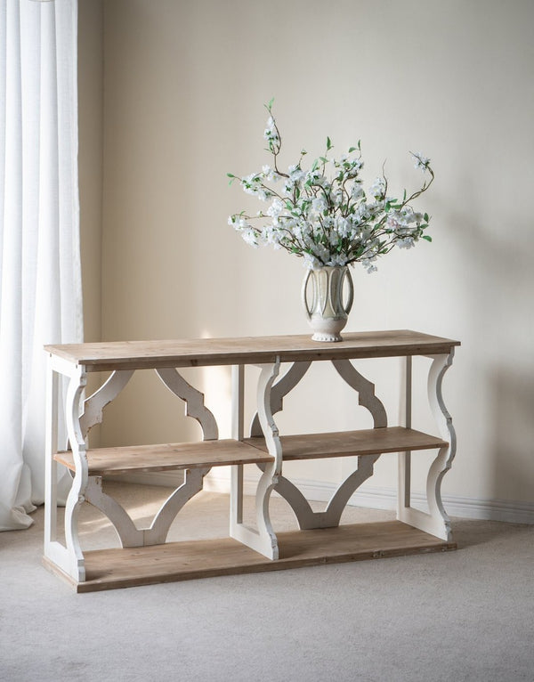 English Elm 64.2x16.5x33.5" Three Tier Firwood Console Table Ornate Carved Panels Farmhouse Entryway W2078P532844