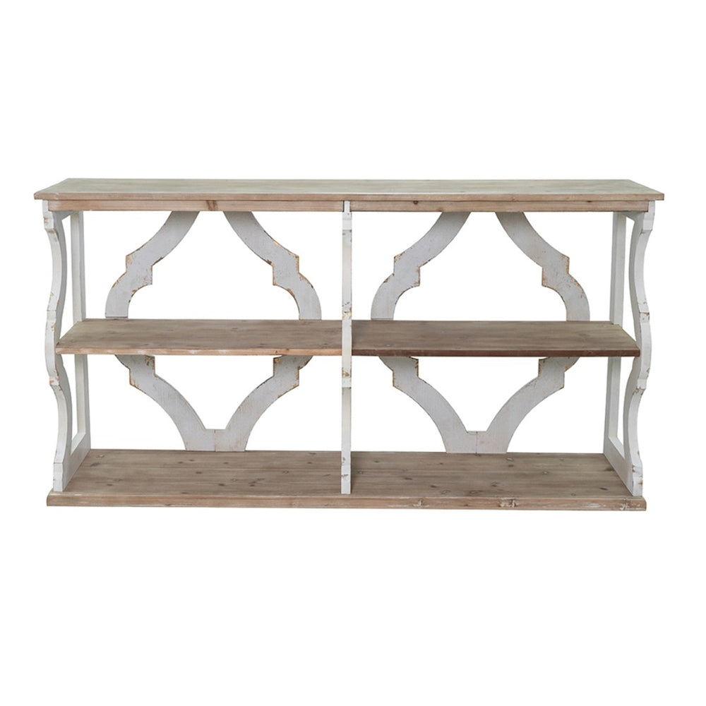 English Elm 64.2x16.5x33.5" Three Tier Firwood Console Table Ornate Carved Panels Farmhouse Entryway W2078P532844