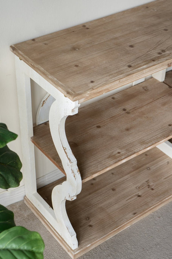 English Elm 64.2x16.5x33.5" Three Tier Firwood Console Table Ornate Carved Panels Farmhouse Entryway W2078P532844