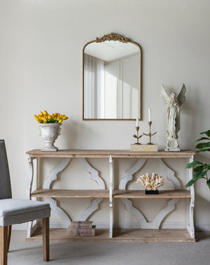 English Elm 64.2x16.5x33.5" Three Tier Firwood Console Table Ornate Carved Panels Farmhouse Entryway W2078P532844