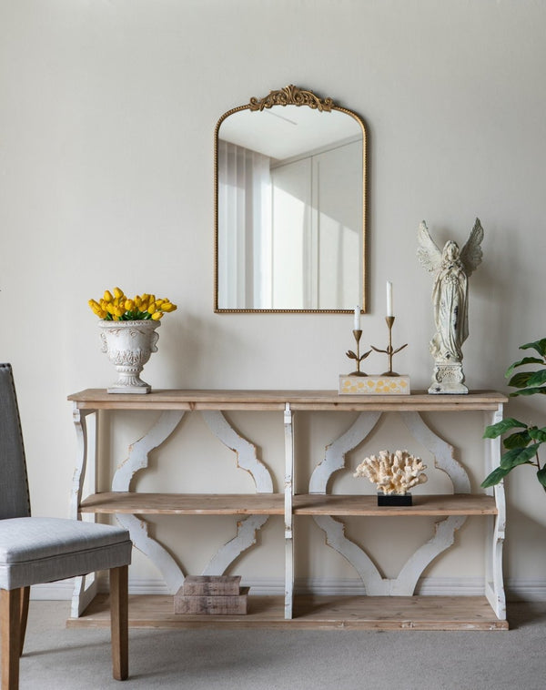 English Elm 64.2x16.5x33.5" Three Tier Firwood Console Table Ornate Carved Panels Farmhouse Entryway W2078P532844