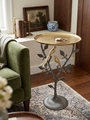 English Elm 16x16x24" Cast Aluminum Sculptural Bird Branch Accent Table with Gold Tray Top W2078P534805