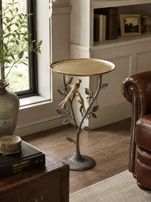 English Elm 16x16x24" Cast Aluminum Sculptural Bird Branch Accent Table with Gold Tray Top W2078P534805