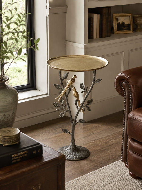 English Elm 16x16x24" Cast Aluminum Sculptural Bird Branch Accent Table with Gold Tray Top W2078P534805