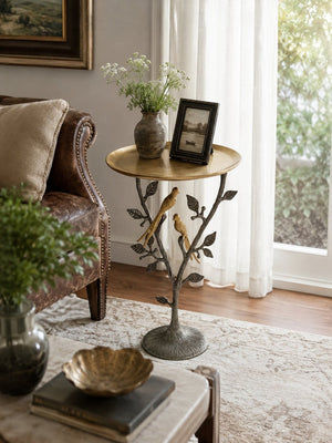 English Elm 16x16x24" Cast Aluminum Sculptural Bird Branch Accent Table with Gold Tray Top W2078P534805
