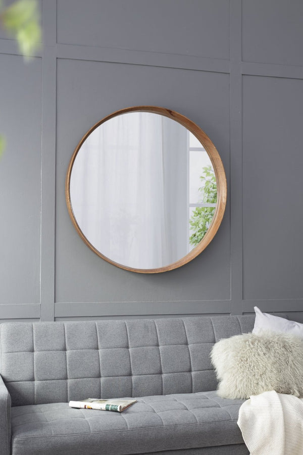 English Elm D39.4"x3" Round Pine Wood Wall Mirror Large Natural Frame for Living Room Bath W2078P536982