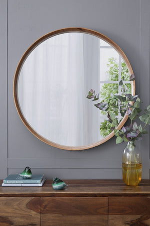 English Elm D39.4"x3" Round Pine Wood Wall Mirror Large Natural Frame for Living Room Bath W2078P536982