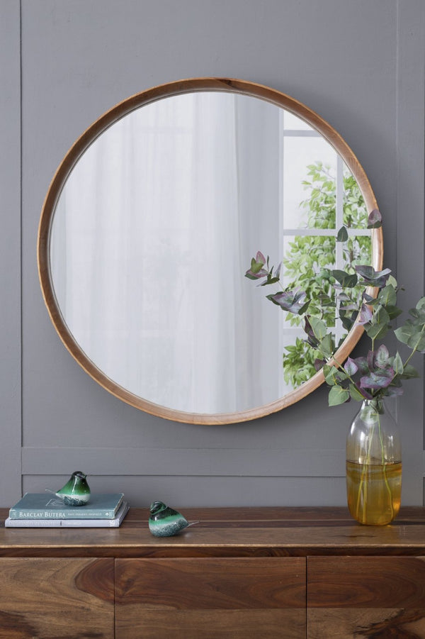 English Elm D39.4"x3" Round Pine Wood Wall Mirror Large Natural Frame for Living Room Bath W2078P536982