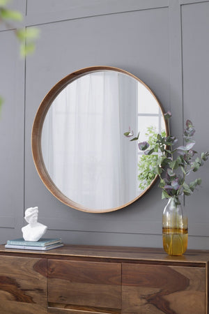 English Elm D39.4"x3" Round Pine Wood Wall Mirror Large Natural Frame for Living Room Bath W2078P536982