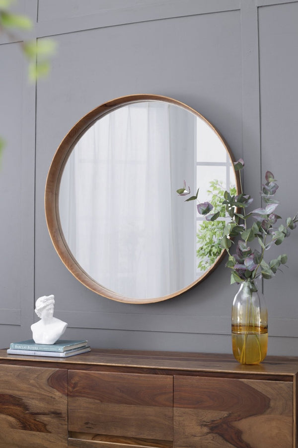 English Elm D39.4"x3" Round Pine Wood Wall Mirror Large Natural Frame for Living Room Bath W2078P536982