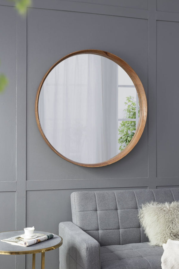 English Elm D39.4"x3" Round Pine Wood Wall Mirror Large Natural Frame for Living Room Bath W2078P536982