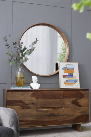 English Elm D39.4"x3" Round Pine Wood Wall Mirror Large Natural Frame for Living Room Bath W2078P536982