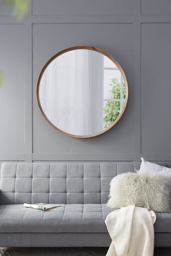 English Elm D39.4"x3" Round Pine Wood Wall Mirror Large Natural Frame for Living Room Bath W2078P536982
