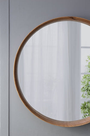 English Elm D39.4"x3" Round Pine Wood Wall Mirror Large Natural Frame for Living Room Bath W2078P536982