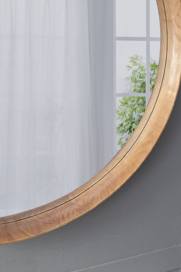 English Elm D39.4"x3" Round Pine Wood Wall Mirror Large Natural Frame for Living Room Bath W2078P536982
