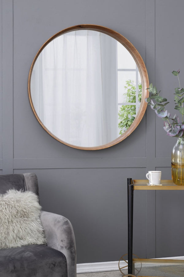 English Elm D39.4"x3" Round Pine Wood Wall Mirror Large Natural Frame for Living Room Bath W2078P536982