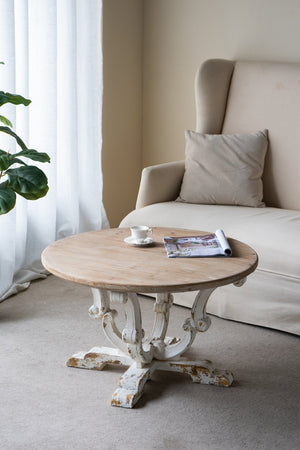 English Elm 31.5x31.5x18.5" Round Fir Wood Coffee Table Scrollwork Legs Distressed Farmhouse Finish W2078P539985