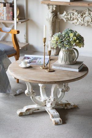 English Elm 31.5x31.5x18.5" Round Fir Wood Coffee Table Scrollwork Legs Distressed Farmhouse Finish W2078P539985
