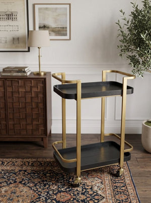 English Elm 23.8X15.2x32.7 Art Deco Iron Bar Cart Antique Brass Frame Ash Wood Veneer Serving Tiers W2078P541038