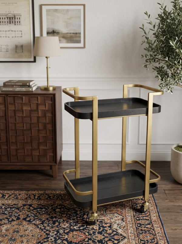 English Elm 23.8X15.2x32.7 Art Deco Iron Bar Cart Antique Brass Frame Ash Wood Veneer Serving Tiers W2078P541038