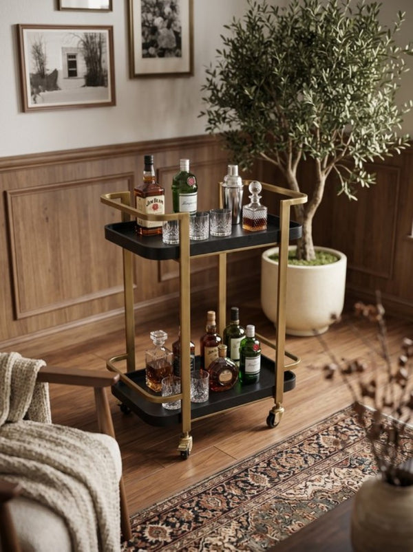 English Elm 23.8X15.2x32.7 Art Deco Iron Bar Cart Antique Brass Frame Ash Wood Veneer Serving Tiers W2078P541038