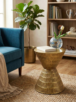 English Elm 15x15x20" Antique Gold Hourglass Side Table Hand-hammered Sculptural Metallic Accent W2078P541044