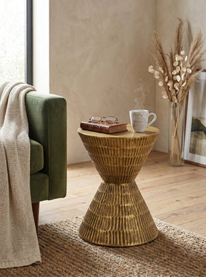 English Elm 15x15x20" Antique Gold Hourglass Side Table Hand-hammered Sculptural Metallic Accent W2078P541044