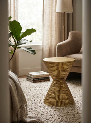 English Elm 15x15x20" Antique Gold Hourglass Side Table Hand-hammered Sculptural Metallic Accent W2078P541044