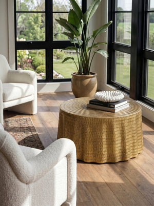 English Elm 31.5x31.5x16.5" Round Sculptural Coffee Table Antique Gold Wavy Glam Living Room W2078P541061