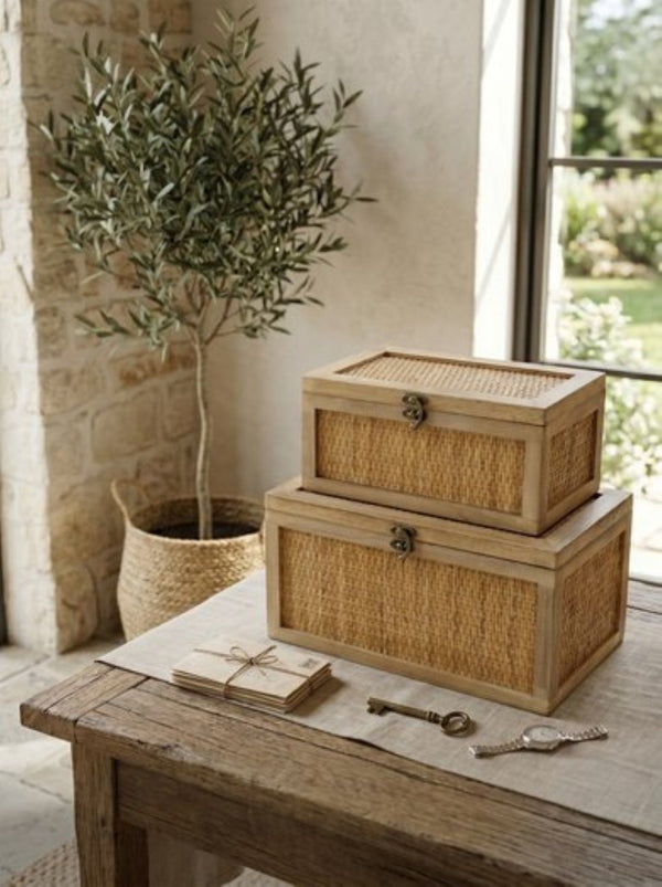English Elm Set of 2 Handcrafted Rattan and Fir Wood Stackable Storage Boxes with Bronze Latches W2078P542157