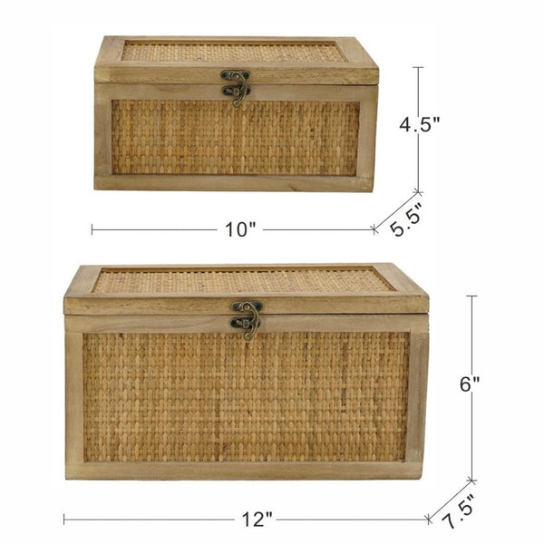 English Elm Set of 2 Handcrafted Rattan and Fir Wood Stackable Storage Boxes with Bronze Latches W2078P542157