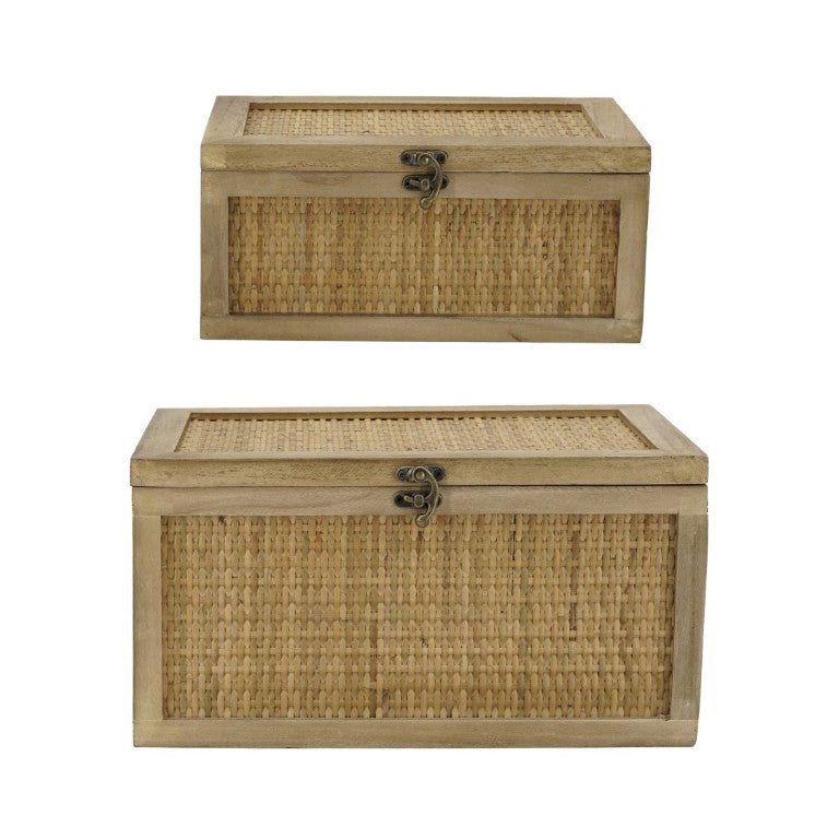 English Elm Set of 2 Handcrafted Rattan and Fir Wood Stackable Storage Boxes with Bronze Latches W2078P542157