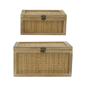 English Elm Set of 2 Handcrafted Rattan and Fir Wood Stackable Storage Boxes with Bronze Latches W2078P542157