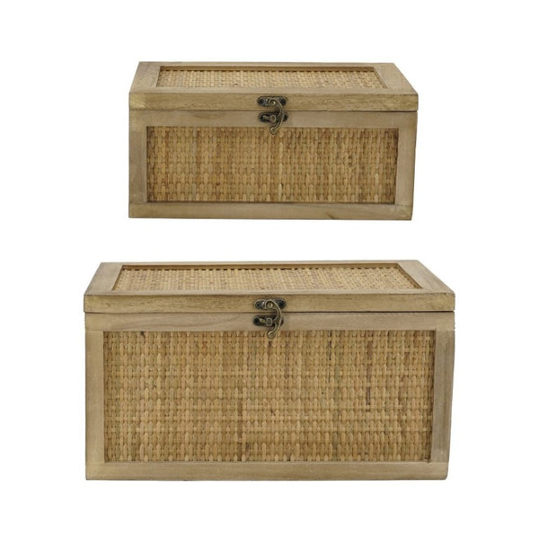 English Elm Set of 2 Handcrafted Rattan and Fir Wood Stackable Storage Boxes with Bronze Latches W2078P542157